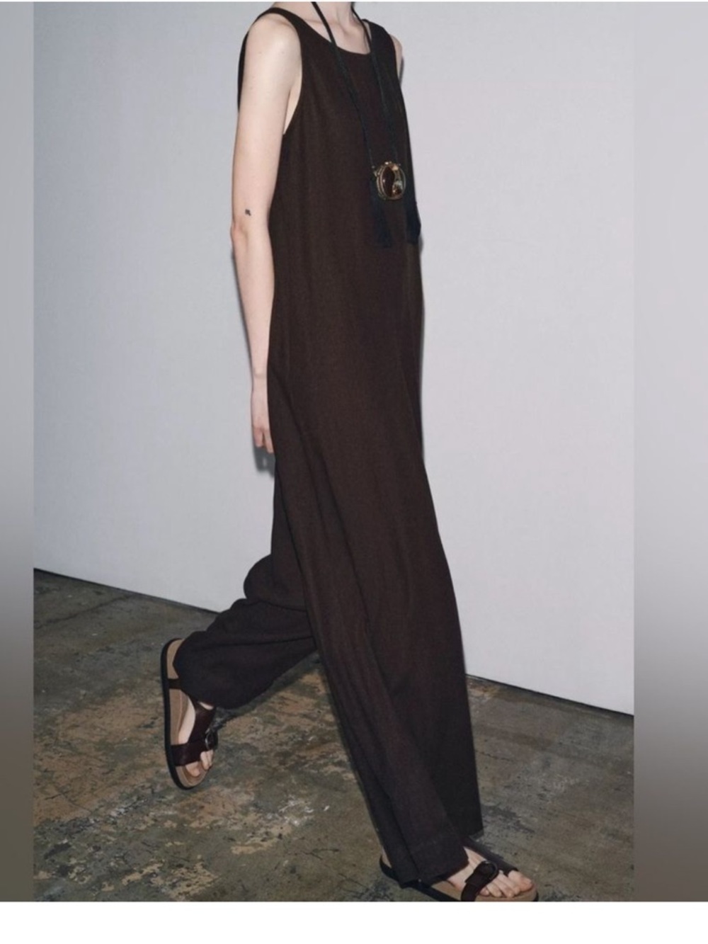 Zara ZW Collection Sleeveless Linen Long Jumpsuit Brown NWT - Picture 5 of 5